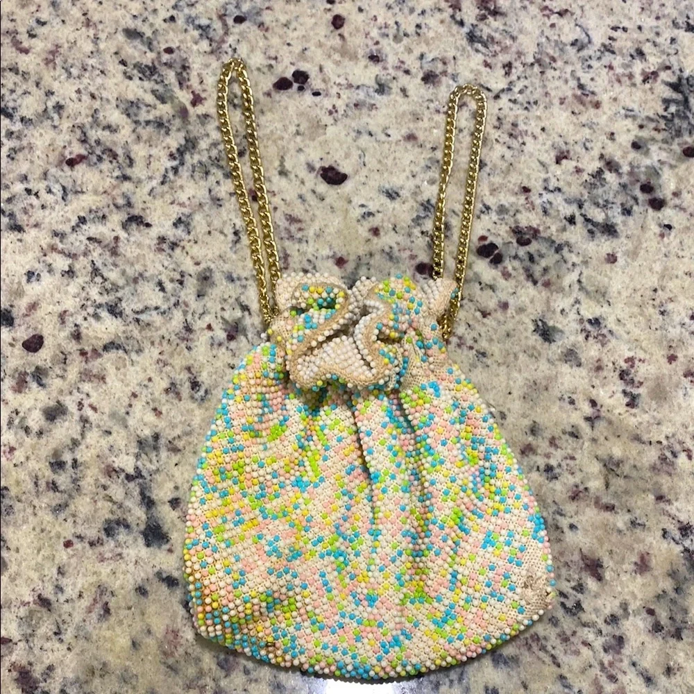 Vintage Pastel Beaded Multicolor Evening Bag with Gold Chain